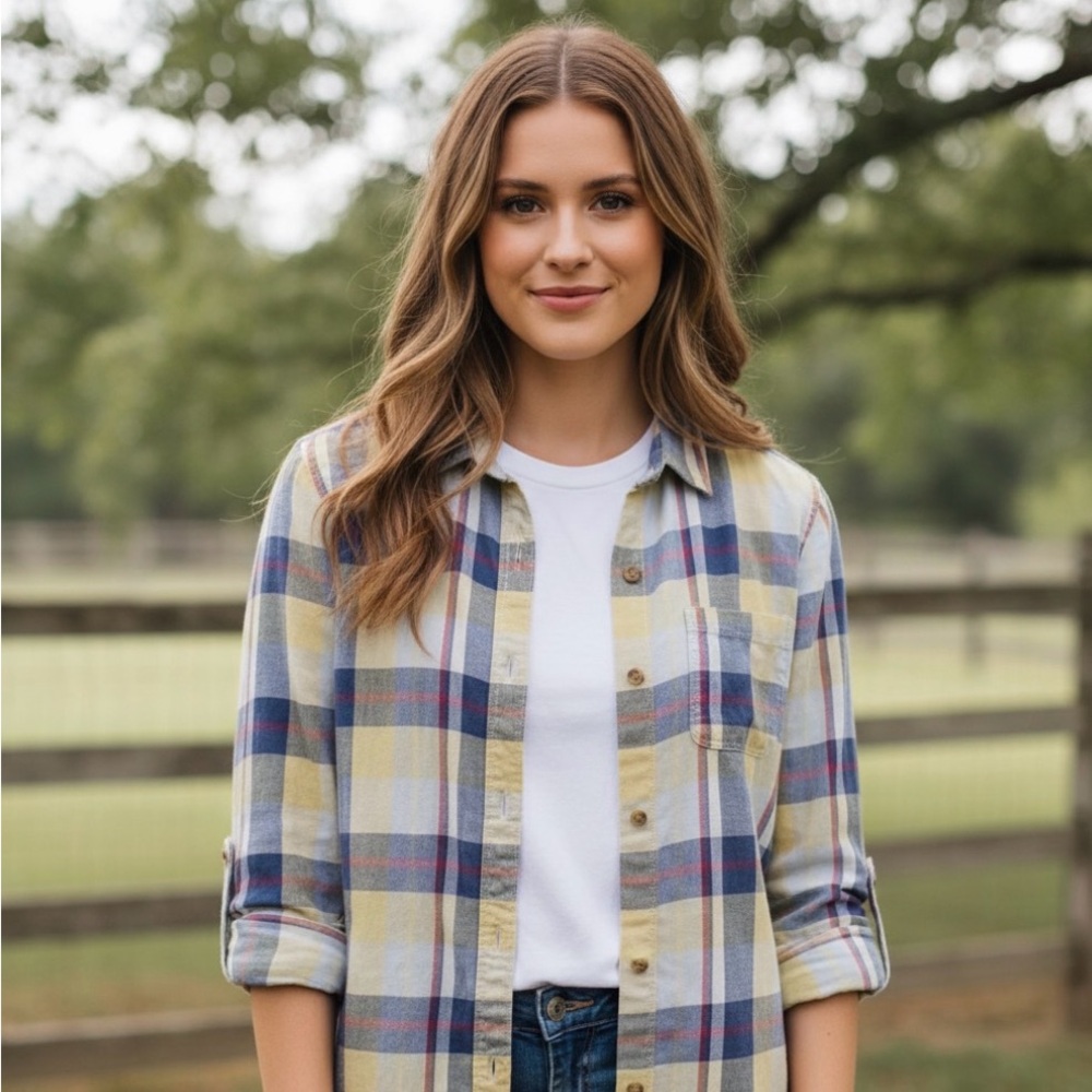 American Eagle Plaid Flannel Shirt – XS, Yellow & Navy, Boyfriend Fit